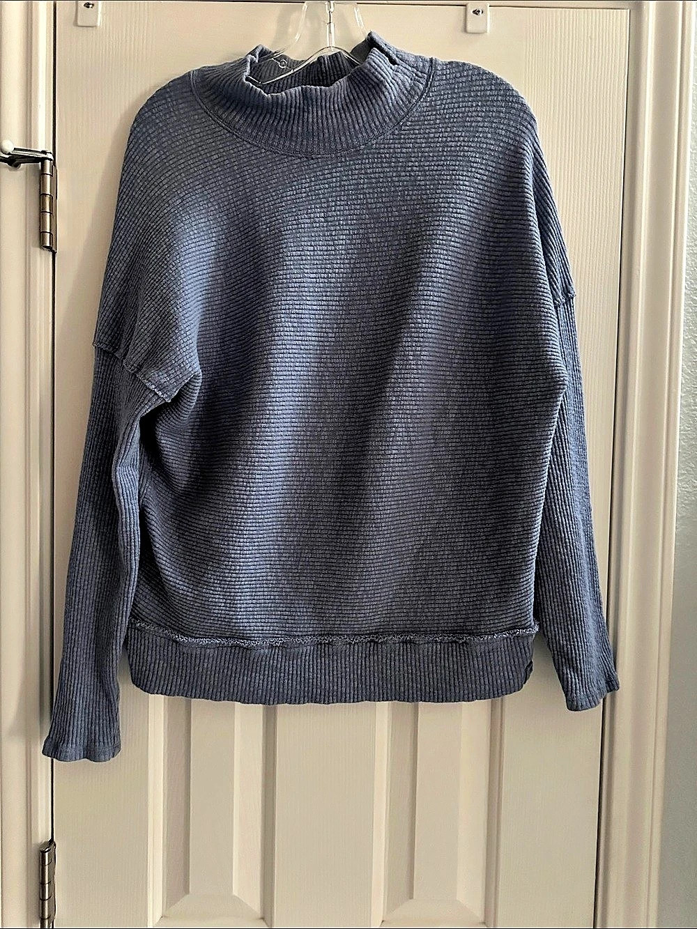Free People Mock Neck Textured Oversized Top Long Sleeve Light Blue XS Boxy
